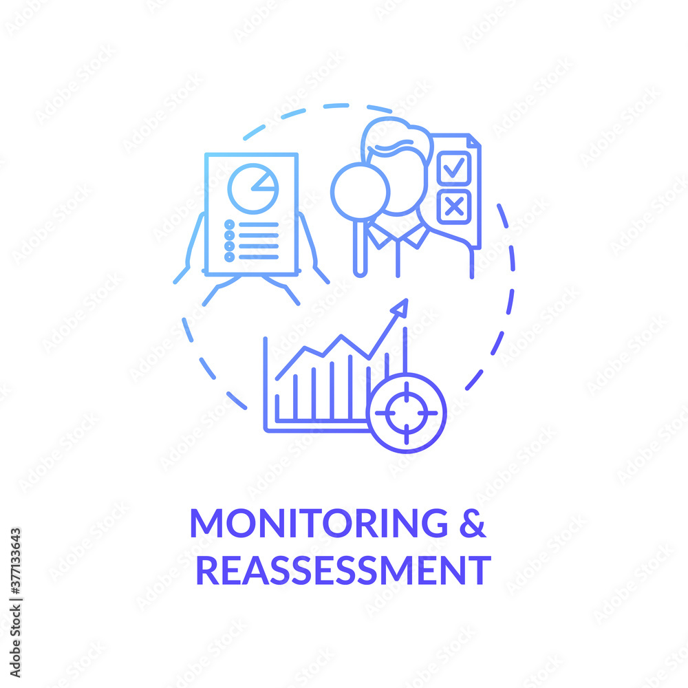 Monitoring and reassessment concept icon. Financial goal for future business. Economic literacy future. Money saving idea thin line illustration. Vector isolated outline RGB color drawing Monitoring and reassessment concept icon. Financial goal for future business. Economic literacy future. Money saving idea thin line illustration. Vector isolated outline RGB color drawing