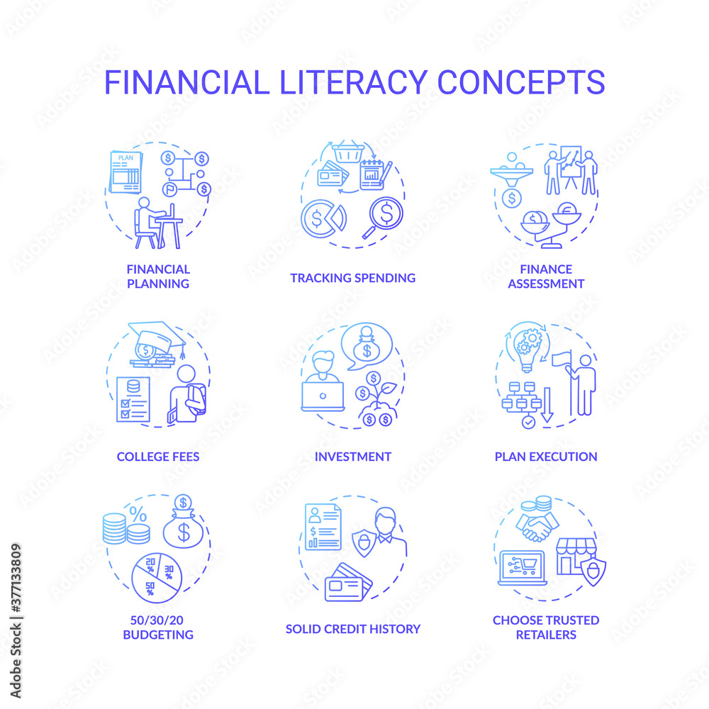 Financial literacy concept icons set. Wealthy retirement expectations. Best earning life tips. Smart spender advices idea thin line RGB color illustrations. Vector isolated outline drawings