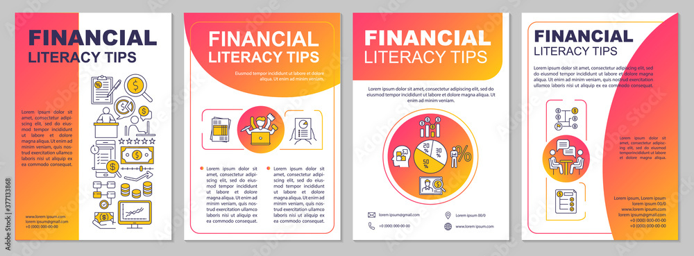 Financial literacy tips brochure template. Income growth. Flyer, booklet, leaflet print, cover design with linear icons. Vector layouts for magazines, annual reports, advertising posters