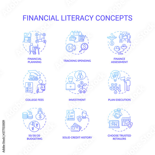 Financial literacy concept icons set. Wealthy retirement expectations. Best earning life tips. Smart spender advices idea thin line RGB color illustrations. Vector isolated outline drawings