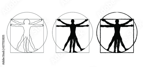 Vitruvian Man by Leonardo Da Vinci Concept of scientific propotion, drawing vitruvian Man about human anatomy (executed circa in 1490) by ancient manuscript of Roman master Marcus Vitruvius Pollio. photo