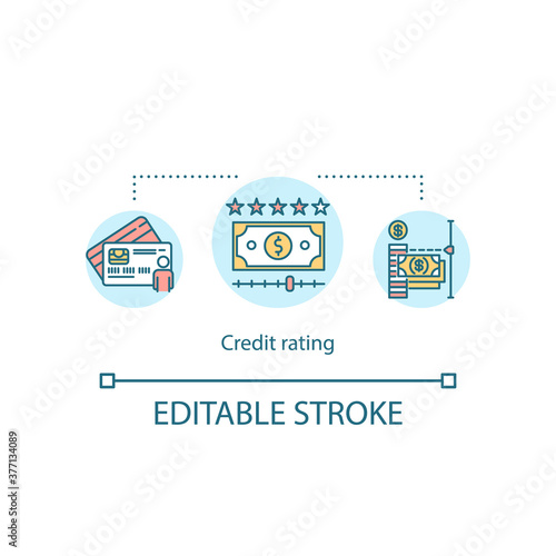 Credit rating concept icon. Banknotes and card. Personal credit history idea thin line illustration. Vector isolated outline RGB color drawing. Editable stroke