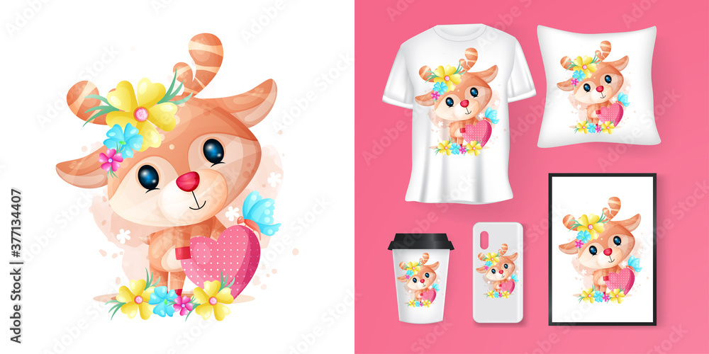 cute deer with heart cartoon and merchandising cute deer with heart cartoon and merchandising