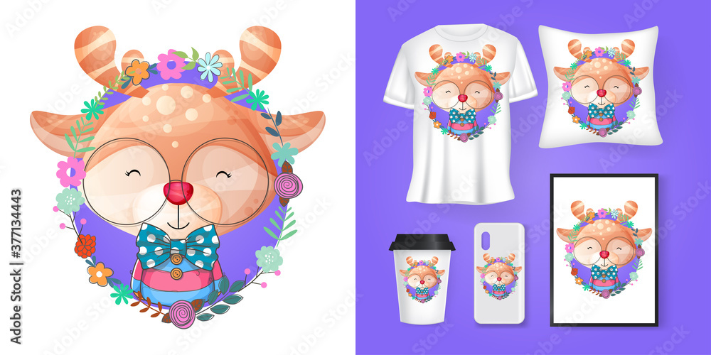 cute deer with flowers cartoon and merchandising cute deer with flowers cartoon and merchandising