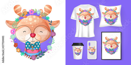 cute deer with flowers cartoon and merchandising
