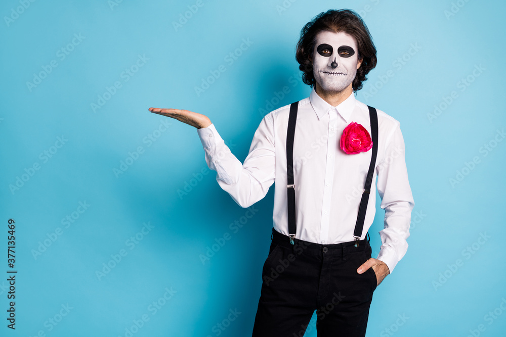 Portrait of his he handsome content creepy guy formal wear holding on palm copy empty space solution decision advert choose choice isolated bright vivid shine vibrant blue color background Portrait of his he handsome content creepy guy formal wear holding on palm copy empty space solution decision advert choose choice isolated bright vivid shine vibrant blue color background