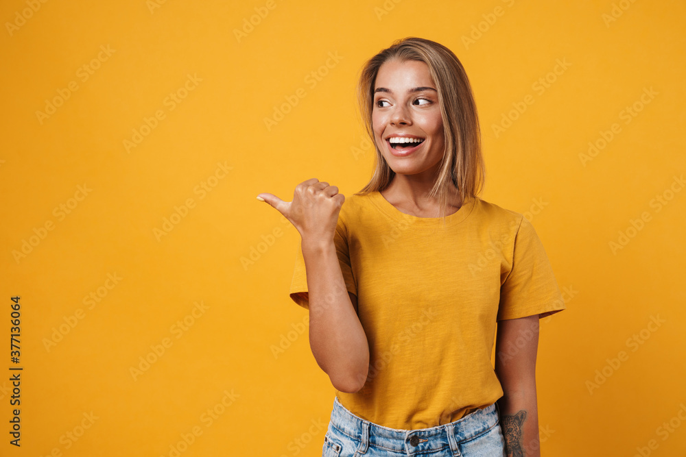 Happy woman showing copy space isolated Happy woman showing copy space isolated