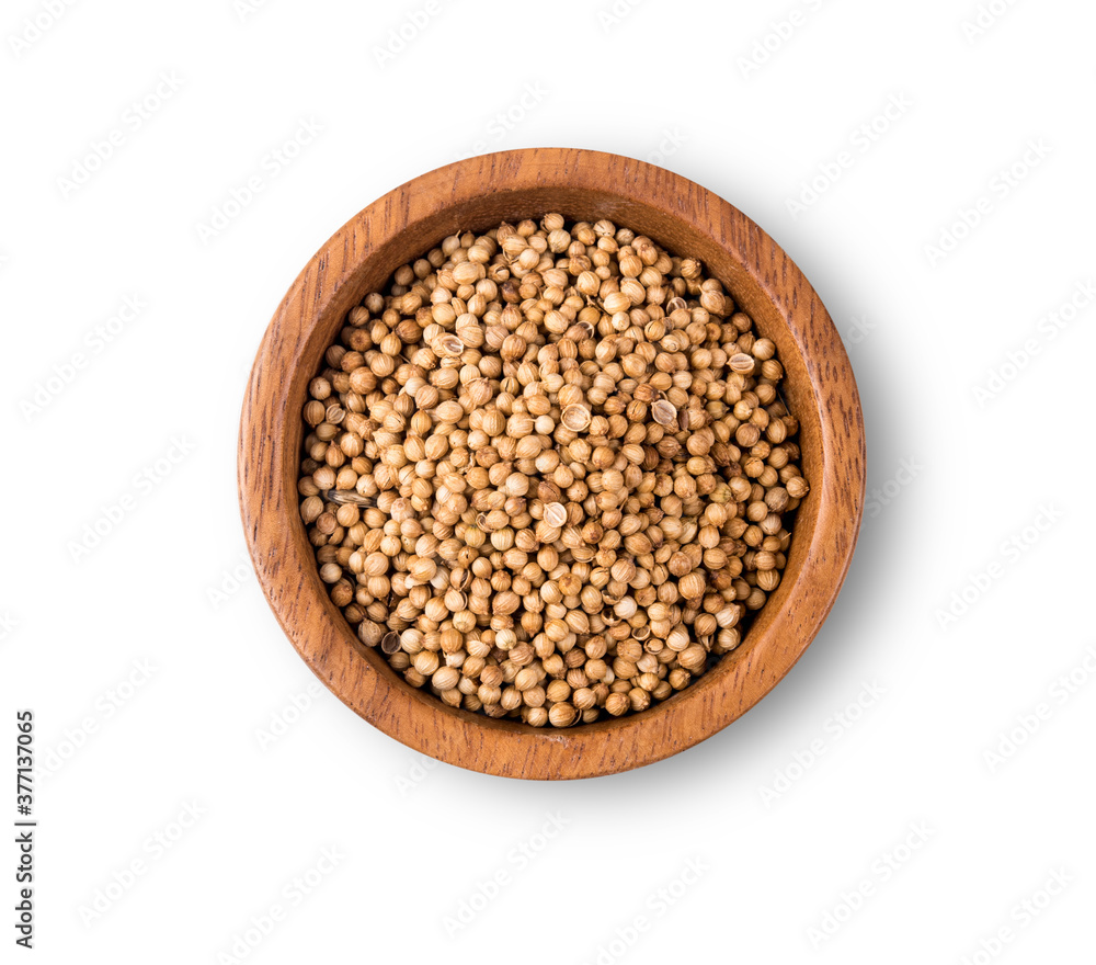 Dried coriander seeds top view on white background Dried coriander seeds top view on white background