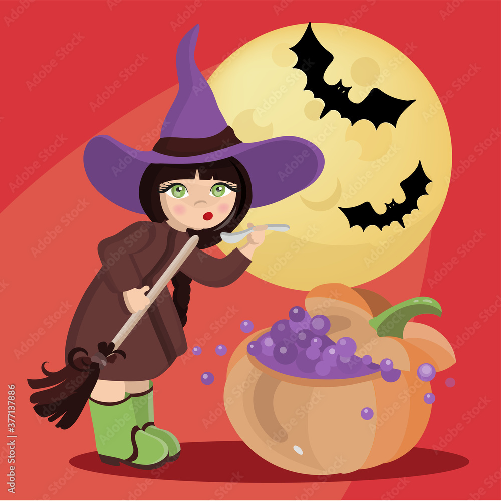 WIZARD GIRL Mystic Halloween Cartoon Vector Illustration Set
