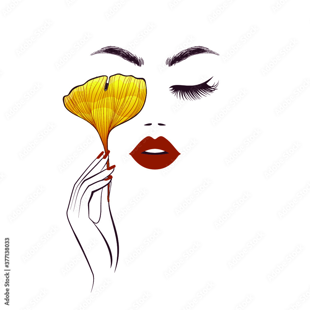 Beautiful woman is keeping a golden ginkgo leaf, closing eyes, sexy red  lips, lush eyelashes, hand with red manicure nails, element design, nails  studio. Beauty Logo. Vector illustration Stock Vector | Adobe