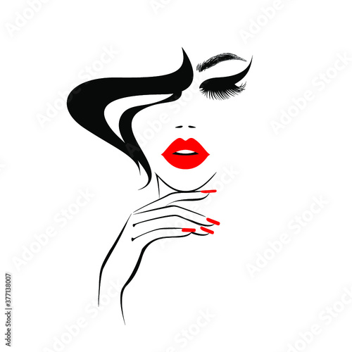 Beautiful woman face with red lips, lush eyelashes, hand with red manicure nails, black hair, stylish hairstyle. Beauty Logo. Nail art studio. Wallpaper background. Vector illustration.