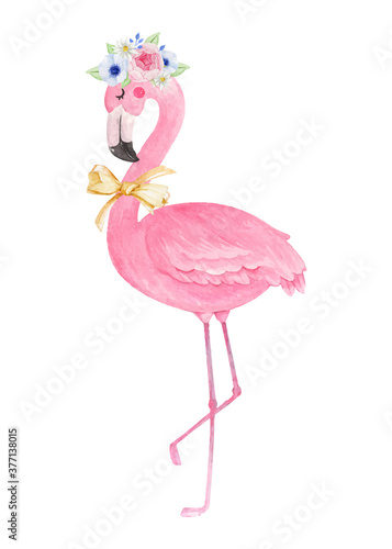 Cute flamingo with flower crown and bow tie ribbon, watercolor hand drawn illustration © R&A Studio