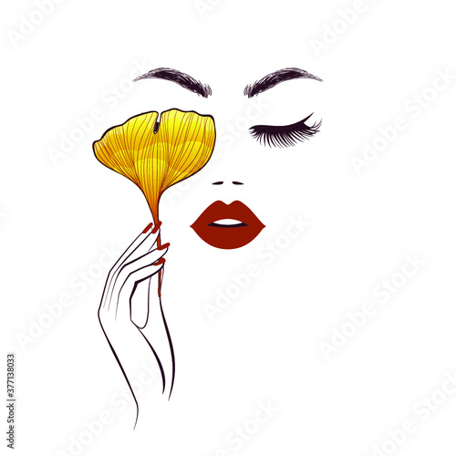 Beautiful woman is keeping a golden ginkgo  leaf, closing eyes, sexy red lips, lush eyelashes, hand with red manicure nails, element design, nails studio. Beauty Logo. Vector illustration