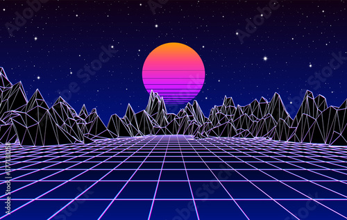 Neon grid landscape and sun with 80s game style