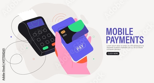 Near field communication or online payment with smartphone or mobile pay concept. NFC banner, flyer, trendy ui or web illustration, landing page design template. Credit card or contactless payment .