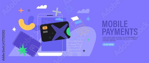 Near field communication or online payment with smartphone or mobile pay concept. NFC banner, flyer, trendy ui or web illustration, landing page design template. Credit card or contactless payment .