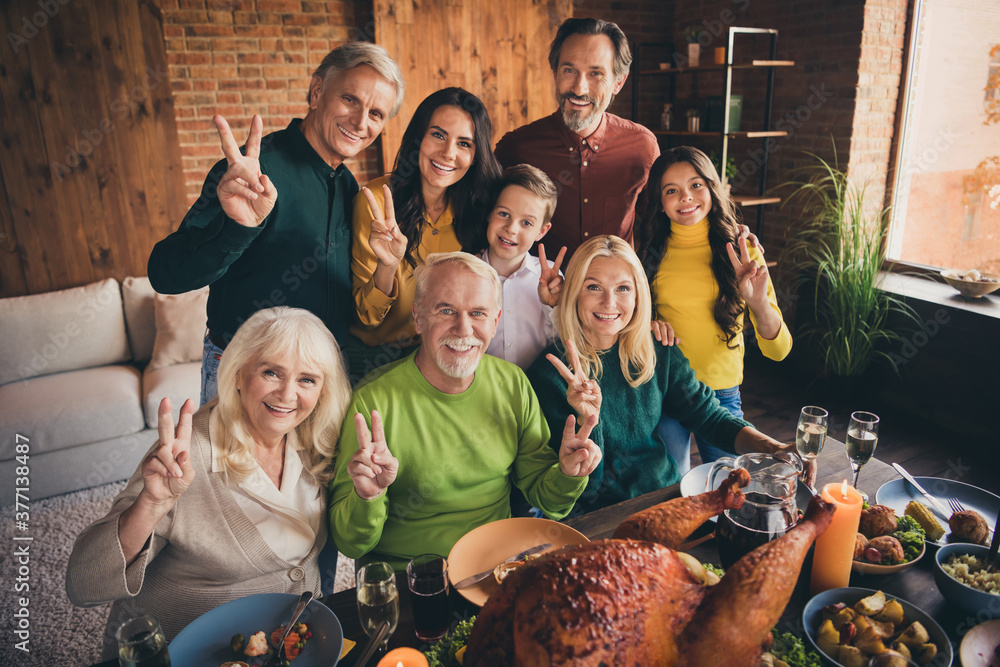 Portrait of nice attractive cheerful positive family grandparents parents grandchildren brother sister embracing showing v-sign celebratory harvest at modern loft brick industrial interior