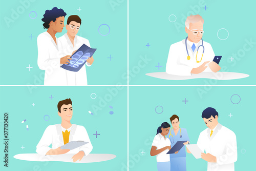 A set of pictures with experienced professional doctors. Team of elderly chief physician, paramedics and doctors on a blue-green background. Medical staff concept.