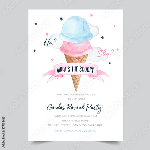 Gender reveal party invitation template with watercolor ice cream cone illustration