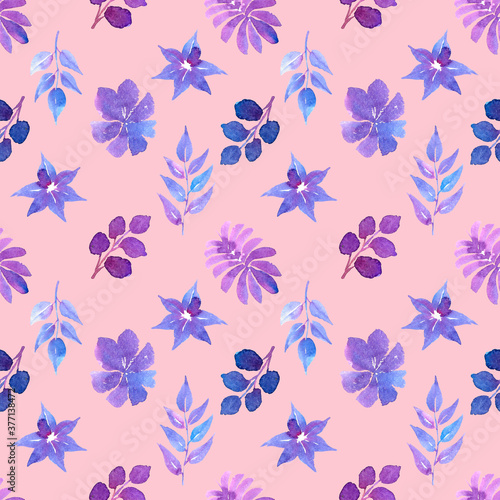 Cute seamless pattern with watercolor abstract leaves and flowers in blue and purple colors.Floral elements on pink background.Can be used for fabric textile wallpaper wrapping paper packeging cards.