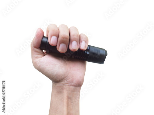 Hand holding Portable Flashlight isolated on a white background.