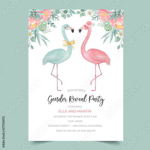 Gender reveal party invitation template with watercolor flamingo and flower illustration
