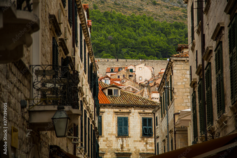 Detalles de ventanas y tejados de teja rojiza en calle medieval
