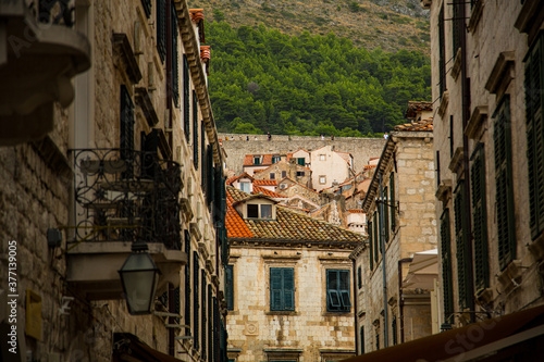 Detalles de ventanas y tejados de teja rojiza en calle medieval