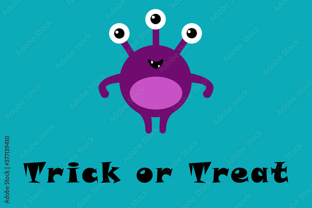 Cute cartoon monster with three eyes on blue background with Trick or Treat text . Happy Halloween card. Flat design Cute cartoon monster with three eyes on blue background with Trick or Treat text . Happy Halloween card. Flat design