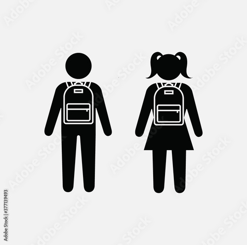 School children icon, classmates silhouette, school kids symbol. schoolboy and schoolgirl with backpacks. Pupils icon set.  Classmates icon, vector illustration.  