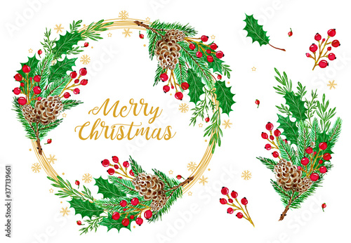 Watercolor Christmas frame with pine tree branches, leaves and berries for greeting card, invitation