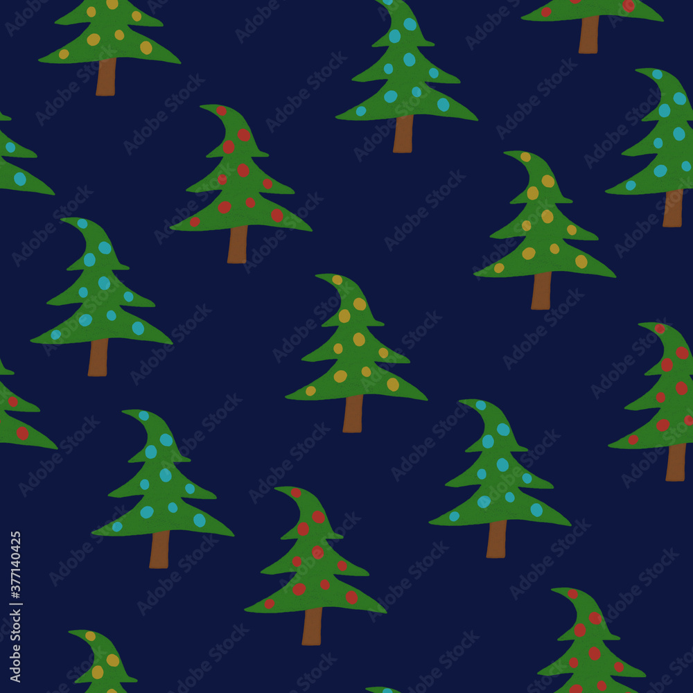 Christmas seamless pattern with decorated Christmas trees on a blue background 
