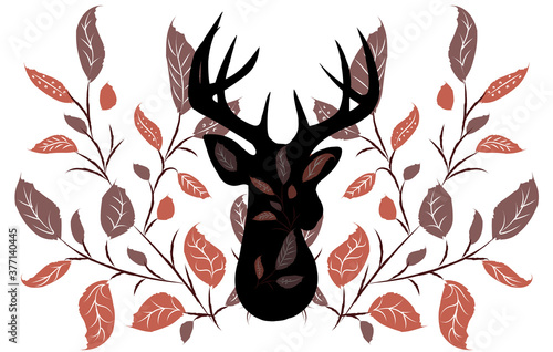 Abstract composition of silhouette of a deer surrounded by twigs with leaves