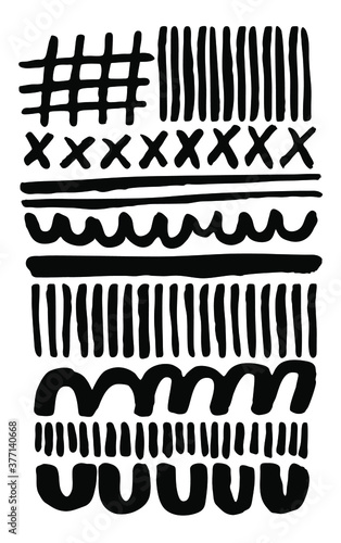 Monochromatic hand organic print vector pattern. Black ink abstract graphic design composition. Contemporary retro minimalist Scandinavian style organic brush strokes U shapes lines curves silkscreen