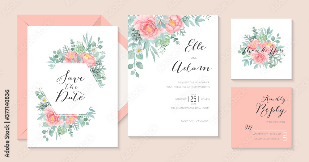 Romantic watercolor peony wedding invitation with artichoke and eucalyptus, wedding stationary template Romantic watercolor peony wedding invitation with artichoke and eucalyptus, wedding stationary template