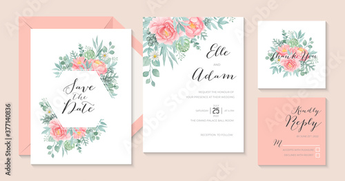 Romantic watercolor peony wedding invitation with artichoke and eucalyptus  wedding stationary template