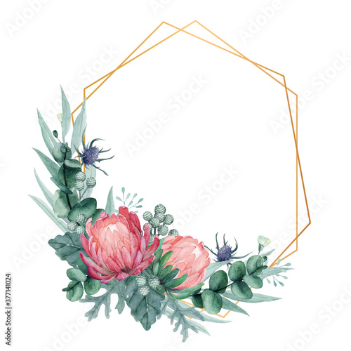 Elegant protea floral frame with gold geometric shape