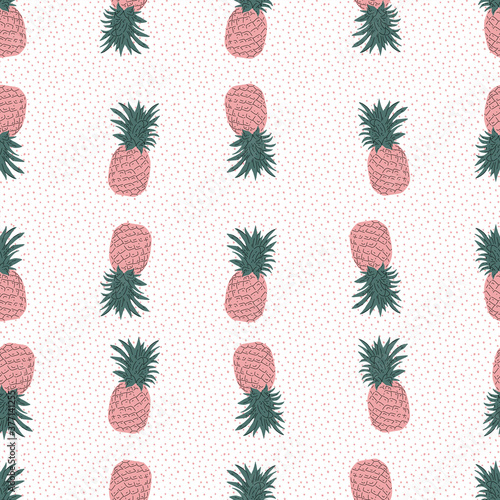 pink Pineapple vector background with pink dots. Summer colorful tropical textile print. Seamless repeat pattern