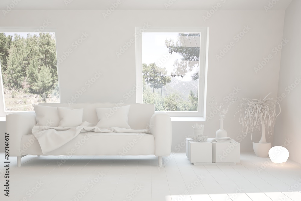 Fototapeta premium White minimalist living room with sofa. Scandinavian interior design. 3D illustration