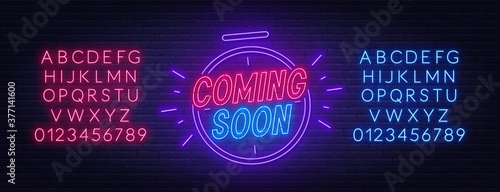 Coming soon neon sign with clock. Red and blue neon alphabets. Vector illustration.