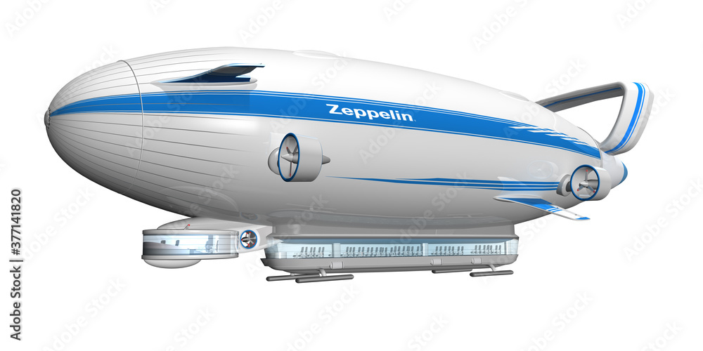 3d Zeppelin, Luftschiff mit Panoramagondel und Propeller, freigestellt 3d Zeppelin, Luftschiff mit Panoramagondel und Propeller, freigestellt