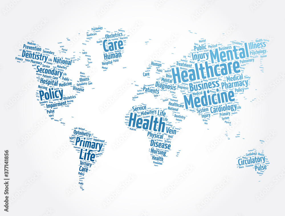 Healthcare word cloud in shape of world map, health concept background