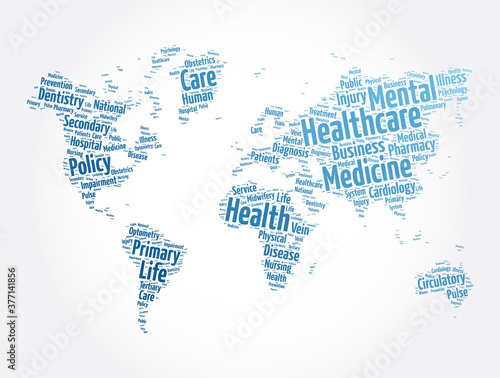 Healthcare word cloud in shape of world map  health concept background