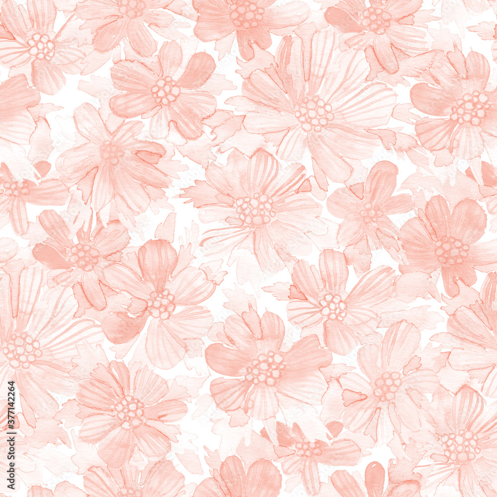 Watercolor wild flowers seamless pattern. Hand painted raster texture.