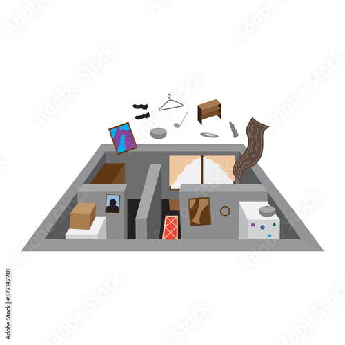 The house full of useless items is about to explode. Vector drawing