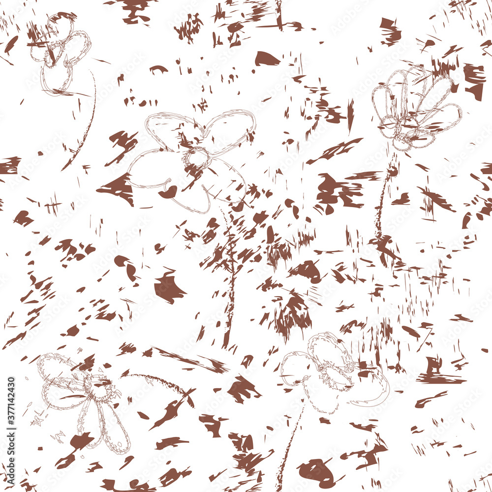 Seamless pattern with abstract sketch flowers in brown colors on grunge stain white background