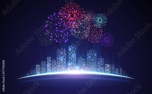 Night city lights with fireworks