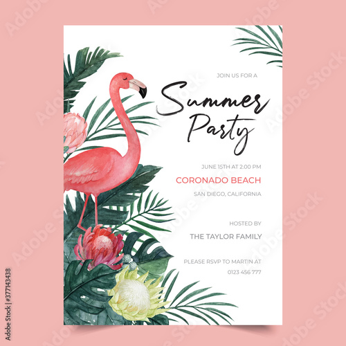 Summer party invitation template with flamingo and tropical floral illustration