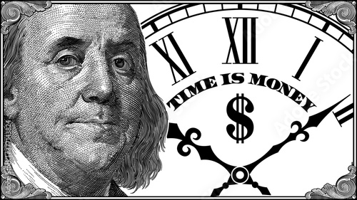 Benjamin Franklin portrait with frame on the background of a clock with the quote "Time is money". Vector drawing.