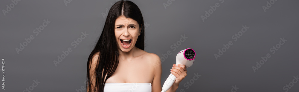 brunette woman holding hair dryer and yelling isolated on black, panoramic shot brunette woman holding hair dryer and yelling isolated on black, panoramic shot